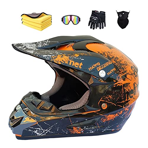 Ruiqieor Casque Moto Cross Casque Moto Enfant Casque Cross Enfant Casque Moto Cross Enfant Avec Gants Masque (M(57-58cm),orange)