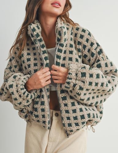 Esmeling Women’s Long Sleeve Cropped Sherpa Fleece Plaid Jacket Casual Chunky Teddy Fleece Outerwear2