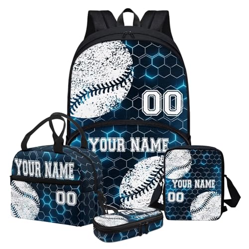 4Pcs Baseball Sport Personalized Customized Name Kids Backpack For Girls, Blue Hexagon Pattern Student School Backpack With Lunch Bag Pen Bag Set