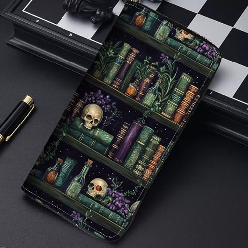 RFID Blocking Leather Wallet for Women – Large Capacity Zip Around Clutch with 8 Card Slots,41 Cash Pockets & Coin Zipper,Retro Bookshelf3