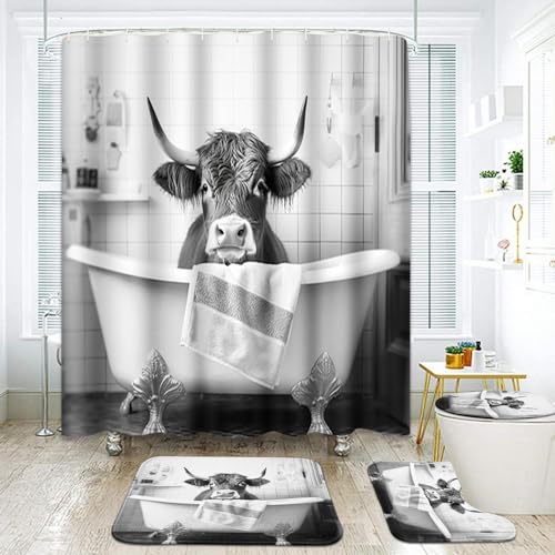 ArtSocket Highland Cow Bathroom Set with Shower Curtain and Rugs