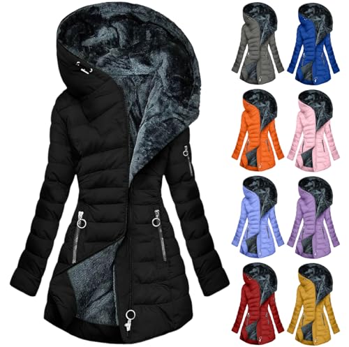 Hesxuno Puffer Jacket Womens Quilted Jackets for Women Long Thicken Puffer Jacket Fleece Lined Winter Coats Hooded Down Coat with Zip Pockets