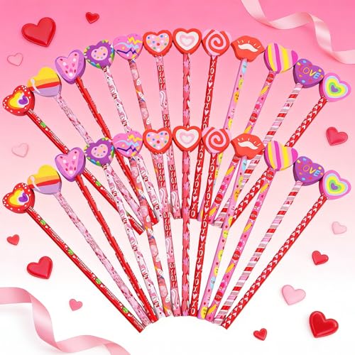 12 lápices Valentine con borrador de corazón gigante miniatura 5