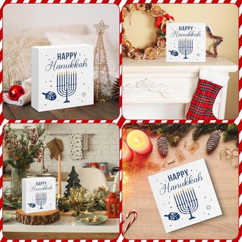 Image of Hanukkah Decor, Happy Hanukkah Wood Box Sign, Jewish Home Office Decorations for Desk Table Shelf 5 X 5 Inches