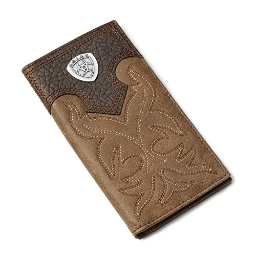 ARIAT Mens Boot Stitch Overlay Rodeo Wallet Distressed Top Grain Leather with Silver Shield Concho | Brown