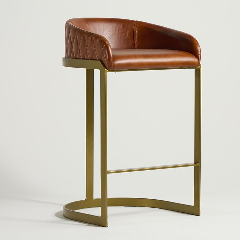 WSG Spinningfields Bar Stool Real Brown Leather Seat Industrial Gold Base Art Deco Curved Base 75cm