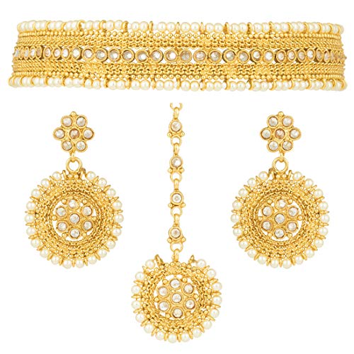 Aheli Classy Ethnic Wedding Party Wear Jewelry Polki Stone Beaded Choker Necklace Set with Maang Tikka for Indian Women