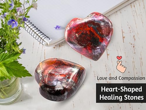 Image of Certified Red Jasper Hematite Crystal Heart Palm Pebbles Stones for Anxiety Stress Relief Massage - AAA Grade Original Healing Gemstone Agate Heart Palm Stone for Yoga Meditation Spiritual