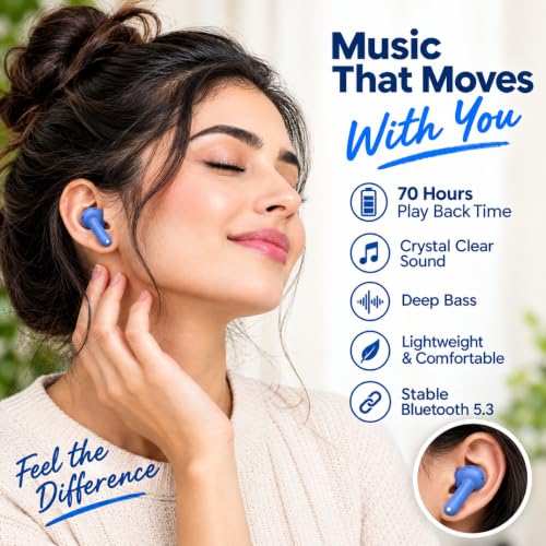 Image of True Wireless Bluetooth Earbuds with 70 Hours Extended Playback, Deep Bass 12.4mm Drivers, Clear Dual-Mic Calling, 3D Surround Sound, Seamless 47ms Gaming Latency - Blue