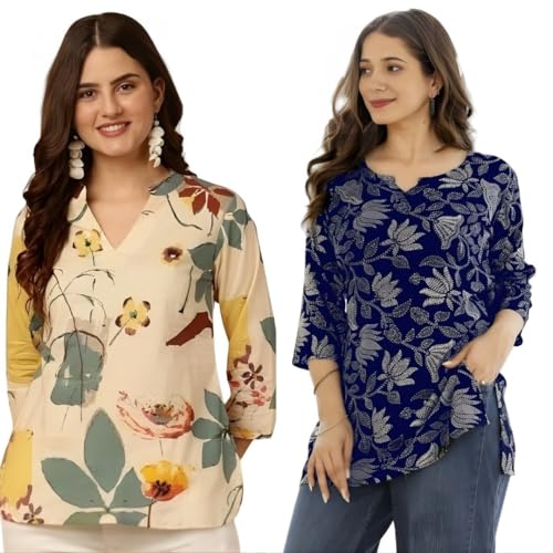Image of Women's Cotton Printed Short Kurti, Round Neck, Three Quarter Sleeve, Straight Fit, Pack of 2