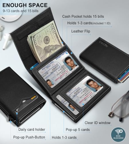 Image of miyozi Wallet for Men,with Cash Pocket 2 ID Window 9-13 Cards,Metal Case Smart Slim Pop Up Credit Card Holder Flip with Magnetic Closure RFID Blocking Trifold wallet with Gift Box