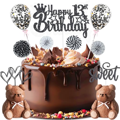 ZWWsullo Glitter Cake Topper Happy 13th Birthday Decoration 13 Boy Girl Birthday Cake Decoration 13 Happy Birthday Girls Boys Black Cake Decoration Birthday CakeTopper