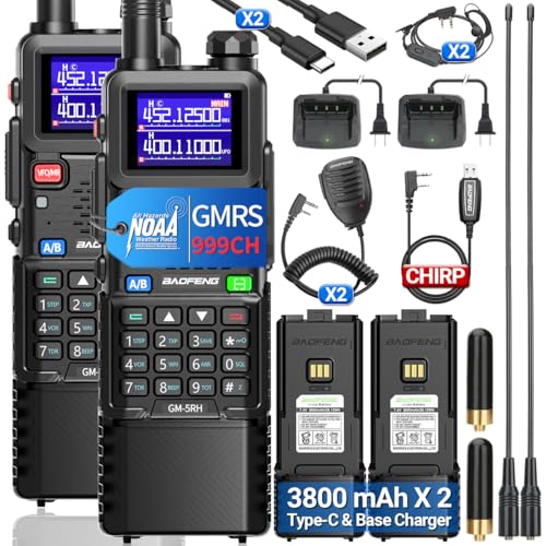 BAOFENG GMRS Handheld Radio Long Range Rechargeable 3800mAh Extends Battery 999 Channels NOAA Weather Receiver Copy Frequency USB-C Charger Two Way Radio GM-5RH with High Gain Antenna(2 Pack)