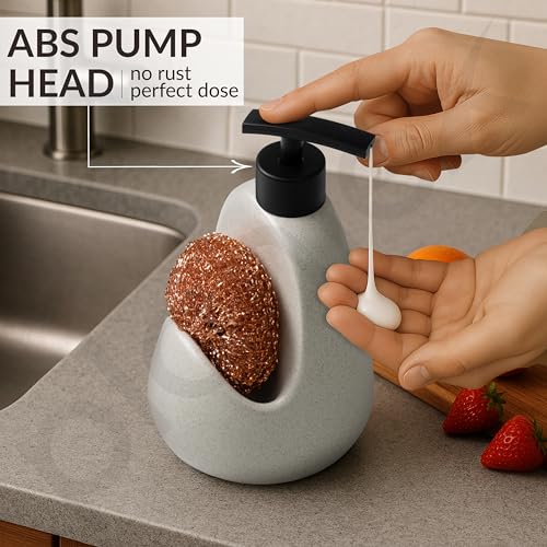 Image of Plantex Ceramic Soap Dispenser with Scruber /Sink Dish Washing Liquid Soap Dispenser for Wash Basin - Bathroom Accessories - (Beige and Black)