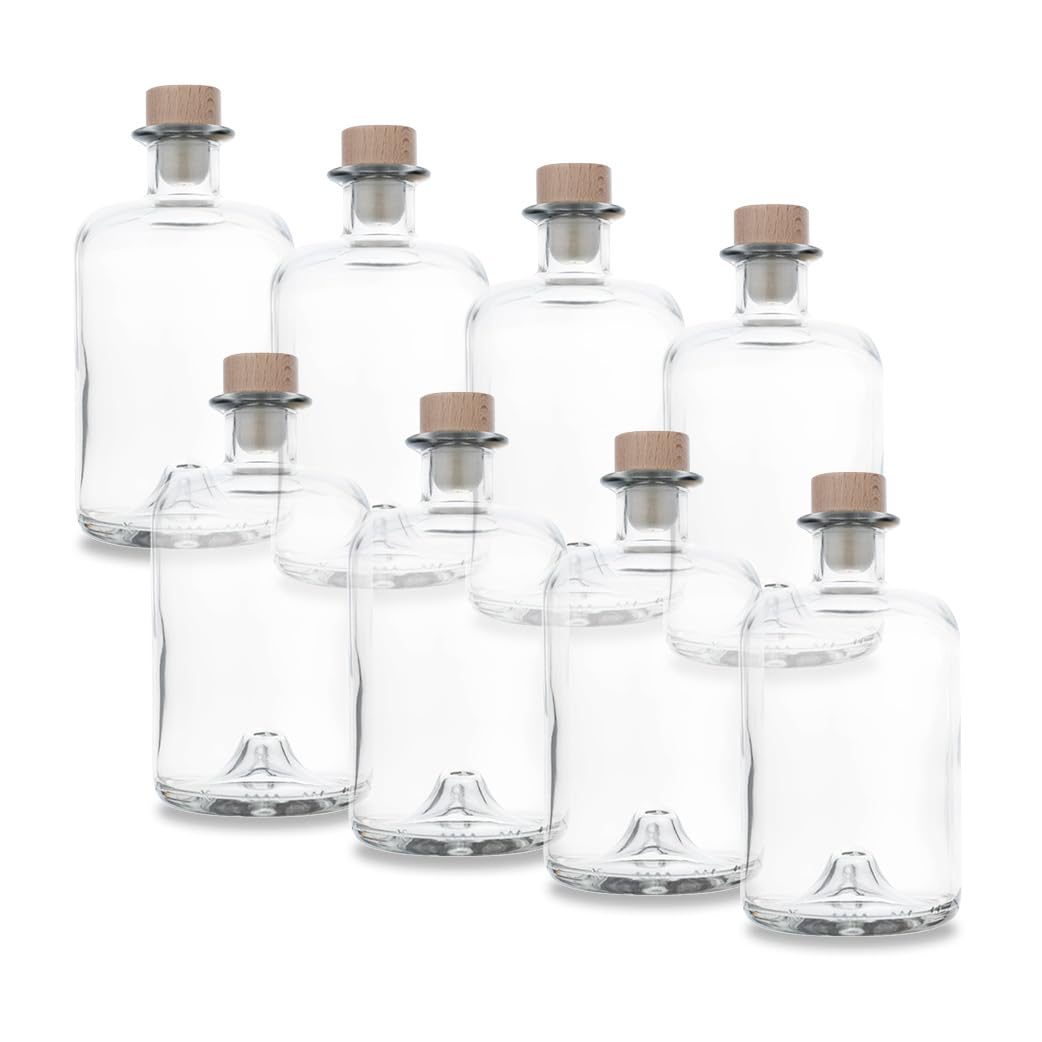 Flaschenbauer - 8er Set Glasflaschen mit Korken - Apothekerflasche 500ml | Glas mit Korkdeckel zum befüllen, Glasflasche mit Korken, Likörflaschen, für Spirituosen, Öl & Essig