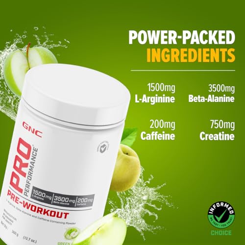 Image of GNC Pro Performance Pre-Workout | 360 gm | 30 Servings | Boosts Energy & Endurance | Improves Focus | Revs Up Recovery | 1.5g L-Arginine | 3.5g Beta-Alanine | 0.2g Caffeine | Green Apple