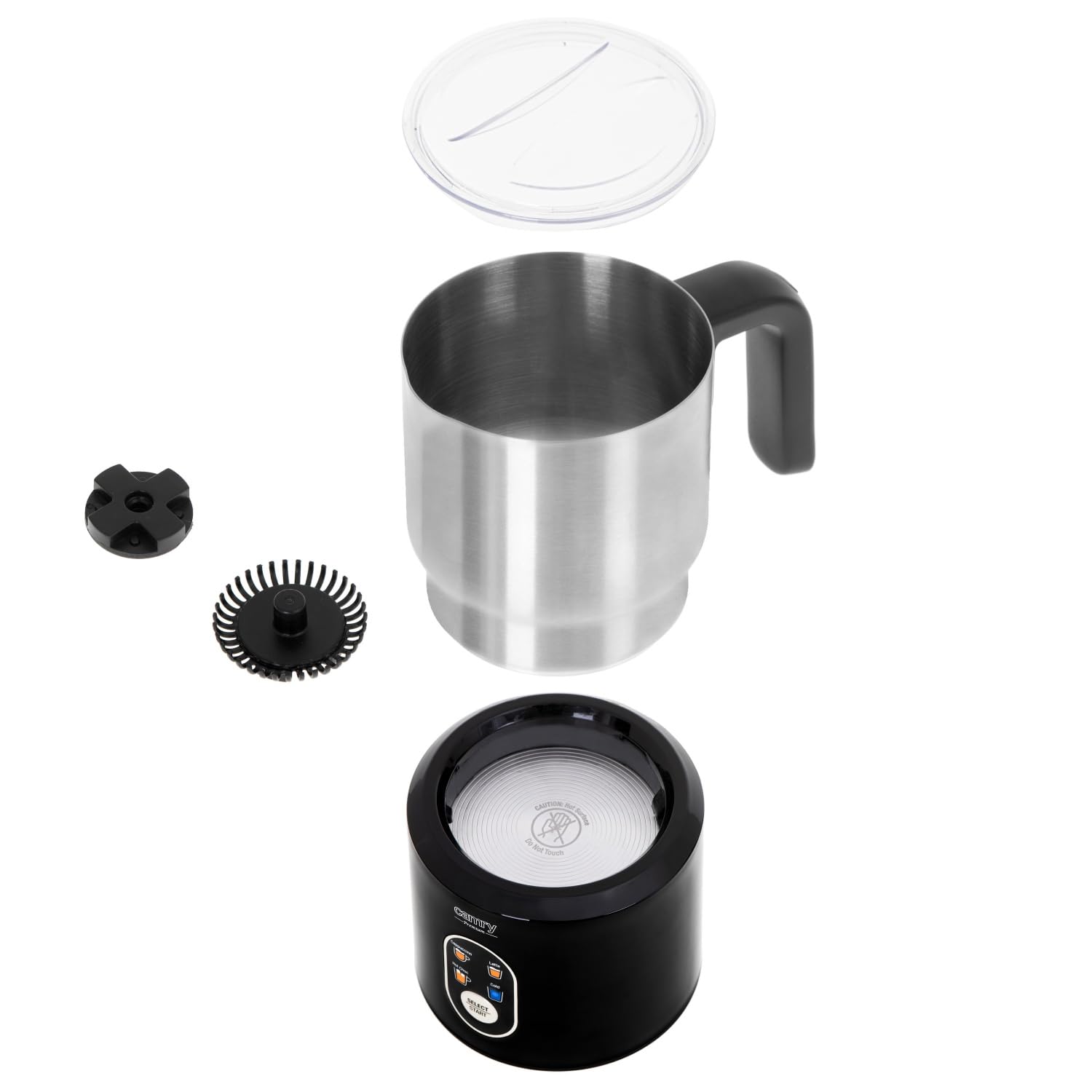Camry CR4498 Espumador de Leche Automático Batidor de leche Eléctrico, Calentador Leche 350 ml, Hace Espuma en Caliente/Frío, Tapa Transparente, Jarra Inalámbrica Acero Inoxidable, 1000W