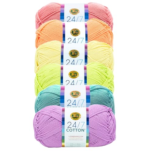 Image of Lion Brand Yarn, 24 /7 Cotton Mercerized Lightweight Yarn for Knitting, Crochet, and Crafts, Candy Coated, 6 Pack, Multicolor Pack of Natural Fiber for Breathable Tops, Durable Bags, and Dish Cloths
