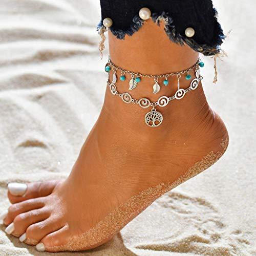 Preisvergleich Produktbild Jovono Blue Boho Perlen Blatt Fußkettchen Mehrschichtiger Baum Welle Jakobsmuschel Conch Fußkettchen Armbänder Strand Fuß Schmuck für Frauen und Mädchen (Baum)