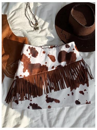 WDIRARA Women's Cow Print Fringe Asymmetrical Vintage Cowgirl Western Mini Skirt3