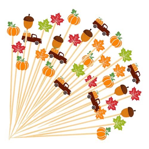 Fall Cocktail Picks 100 Pcs Bamboo Toothpicks Autumn Pumpkins Maple Leaf Sticks Thanksgiving Day Party Decoration for Fruit Skewers Sandwich Appetizer Drink