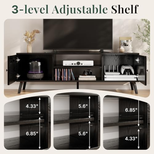 TV Stand for 55 60 inch TV, Modern Mid Century Entertainment Center with Storage, Wooden Media Console Table with 2 Cabinets for Living Room Bedroom, Black - Image 4