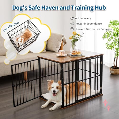 Image of Cature Wooden Dog Crate Furniture with Metal Frame | Heavy Duty Indoor Pet Kennel with Table Top | Decorative Dog Cage End Table for Small and Medium Sized Dogs (31.1x21.5x25.2 inches)