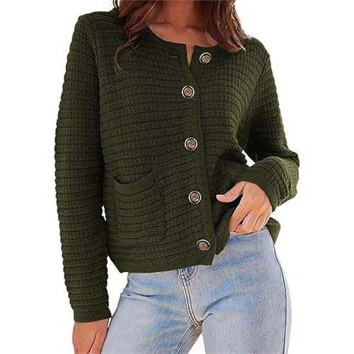 Women 2025 Knit Cardigans Sweater Open Front Button Down Long Sleeve Cropped Top Jacket Outwear with Pockets (X-Large,Green)