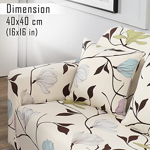 Image of HOKIPO Stretchable Cushion Cover 16 inch x 16 inch, Pack of 2 (NW-4098-D20*2)(95% Polyester, 5% Spandex,Beige Brown Leaves)