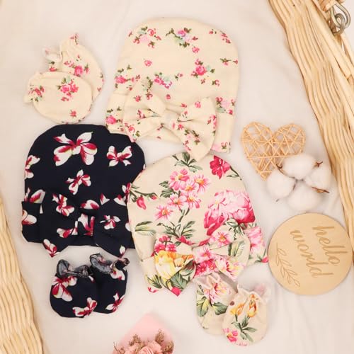 Image of DRESHOW BQUBO Floral Swaddles for Baby Girl Newborn Receiving Blanket with Bow Hat Mittens Wooden Birth Announcement Card Set Baby Floral Print Swaddle Nursery Swaddle Wrap