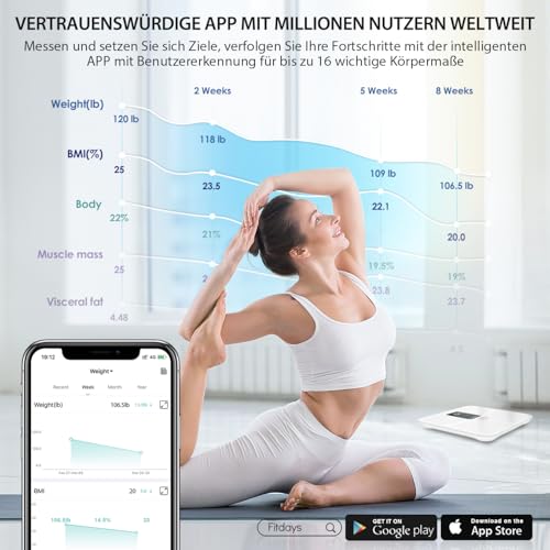ABLEGRID Wiederaufladbar Körperfettwaage, LED Personenwaage Digital Mit Körperfett Und Muskelmasse Körperfettanalyse, 16 Messungen Der Körperzusammensetzung BMI, Herzfrequenz, 180kg, Weiß 4
