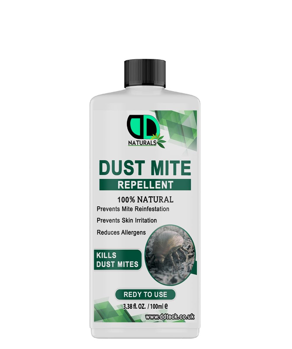 DD Teck Natural Dust Mite Repellent– 100% Plant-Based, Non-Toxic Allergen Reducer for Bedding, Carpets & Upholstery – Quick Action, Non-Staining, Long-Lasting Protection (100ml)