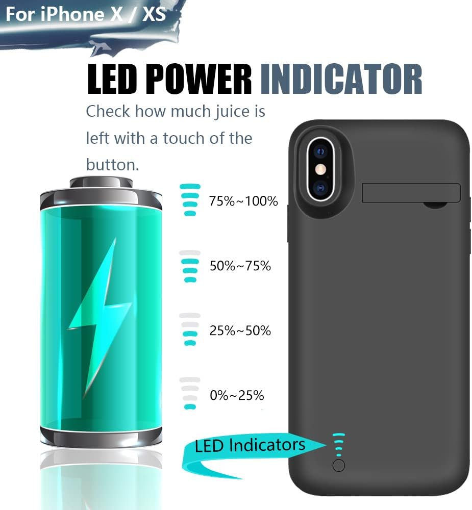 Battery Case for iPhone X & iPhone Xs, 5000mAh Rechargeable Extended Battery Charging Charger Case, Add 2X Extra Juice, Support Wired Headphones (5.8 inch) Black