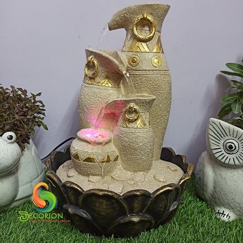 Image of Decorative Table Top Water Fountain for Home Decor /Office /Indoor & Outdoor /Garden /Puja Room /Vaastu with Multicolor LED Light and Adjustable Water Pump (Yellow Stone Matki)