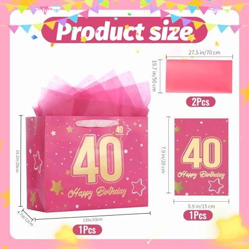 Image of Powbrace 13 inch Pink 40th Birthday Gift Bag with Tissue Paper and Greeting Card for Party,Happy Birthday Gift Bag for Men Women,Gift Bags Medium size(1 Pink 40th)
