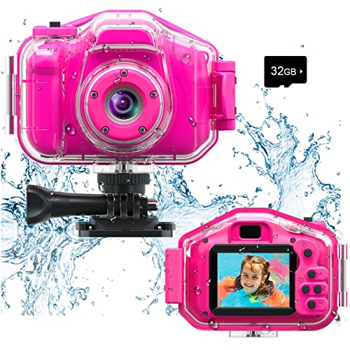 Agoigo Kids Waterproof Camera Toys for 3-12 Year Old Girls Christmas Birthday Gifts, Kids Underwater Sports Camera HD Children Digital Action Camera 2 Inch Screen with 32GB Card (Rose Red)