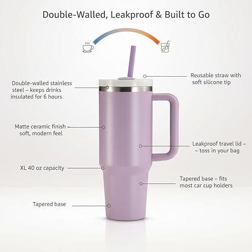 Vista 11 de KooK Vaso con popote y asa, 40 onzas, de acero inoxidable, aislado al vacío, botella de agua reutilizable de doble pared, mantiene caliente o fría