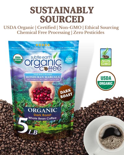 Subtle Earth Organic Coffee - Dark Roast - Whole Bean Coffee - 100% Arabica Beans - Low Acidity And Non-Gmo - 5Lb Bag #TOP3