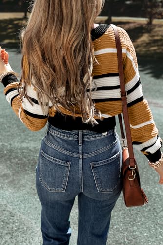 Women's Brown Striped V-Neck Textured Knit Sweater4