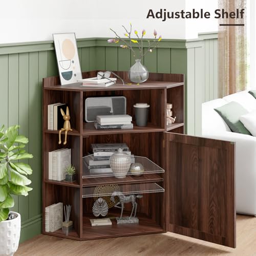 Image of Halitaa Corner Storage Cabinet, Farmhouse Corner Bookshelf with Storage 6-Cubby Wooden Cabinet with USB Ports and Outlets Industrial Organizer for Small Space, Study, Playroom, Living Room, Walnut
