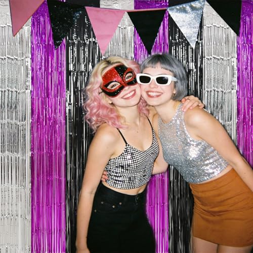 Image of TONIFUL Black Silver Hot Pink Door Streamers,Black and Pink Photo Booth Backdrop Metallic Streamers Foil Fringe Curtain for Birthday,New Year,Graduation,Grad,Baby Shower Party Streamers Decoration