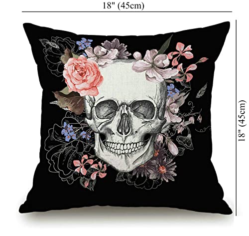Skull Decorative Throw Pillow Cover, Pillow Cover 18X18 Inch Sugar Flowers Skull Skeleton Halloween All Saints Day Black Room Decor For Living Room Couch Cushion Bed Indoor Outdoor Home Decor #TOP3