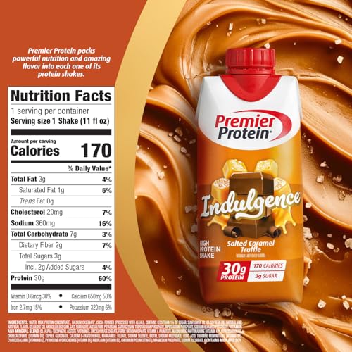 Image of Premier Protein Shake INDULGENCE, Salted Caramel Truffle, 30g Protein, 170 Calories, 3g Sugar, 11 fl oz, 4 Pack (Packaging May Vary)