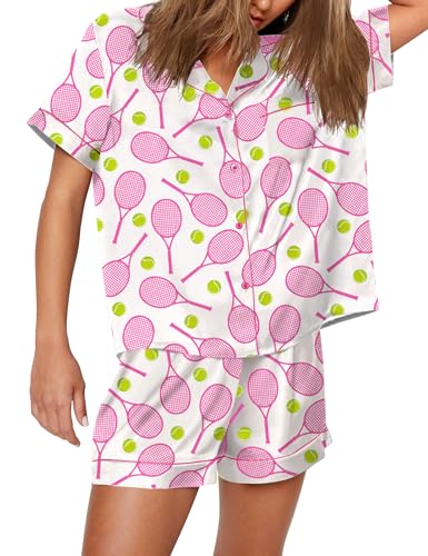 Image of SHESHOW Pajamas for Women Set Satin Button Down Short Sleeve Top and Shorts Pjs Sets Sport Ball Print Sleepwear XS-XXL