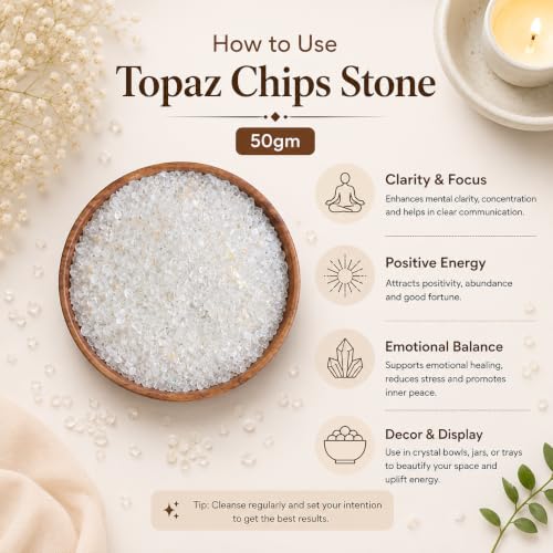 Image of Natural Topaz Crystal Chips Stone 50 Gm for Reiki, Meditation, Vastu & Feng Shui | Polished Gemstone Chips for Home Decor, Jewellery Making, Resin Art & Craft