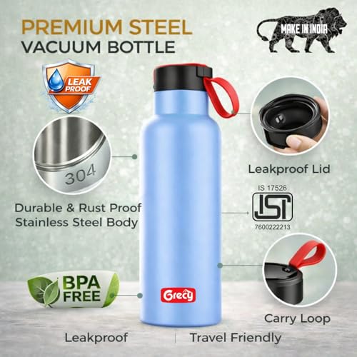 Image of GRECY Trim 800ml Stainless Steel Water Bottle Sky Blue | Single Wall BPA Free Food Grade Steel | Leak Proof, Rust Proof, Odour Free | Lightweight Carry Band | Made in India | Office, Gym, School