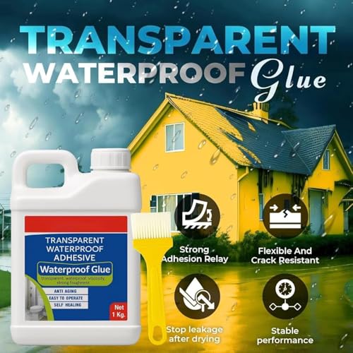 Image of Transparent Waterproofing Glue with Brush for Roof Leakage, Crack Seal Water Leakage Solution Indoor Outdoor, Waterproof Adhesive Sealant for Bathroom Pipe Wall Tile Surface Window (1KG)