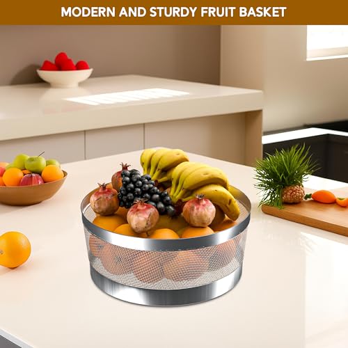 Image of Kuber Industries 10 Inch Stainless Steel Mesh Fruit Basket for Dining Table with Lid Net Cover | Strainer Vegetable Basket for Modular Kitchen | Keep Flies Bugs Mosquitoes Away | Silver