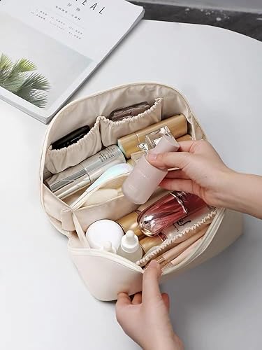 Miniatura 9 de Bolsa de maquillaje, bolsas de cosméticos de gran capacidad para mujeres, bolsa portátil impermeable, bolsa de aseo plana abierta, organizador de