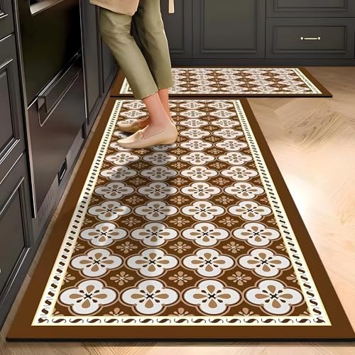 Image of Roslen Anti-Fatigue Kitchen Mat Set of 2 Pcs, Anti-Fatigue Cushioned Floor Rugs, Elegant Floral Pattern for Long-Lasting Kitchen Comfort, Waterproof Soft Cushioned Floor Runner for Home & Kitchen